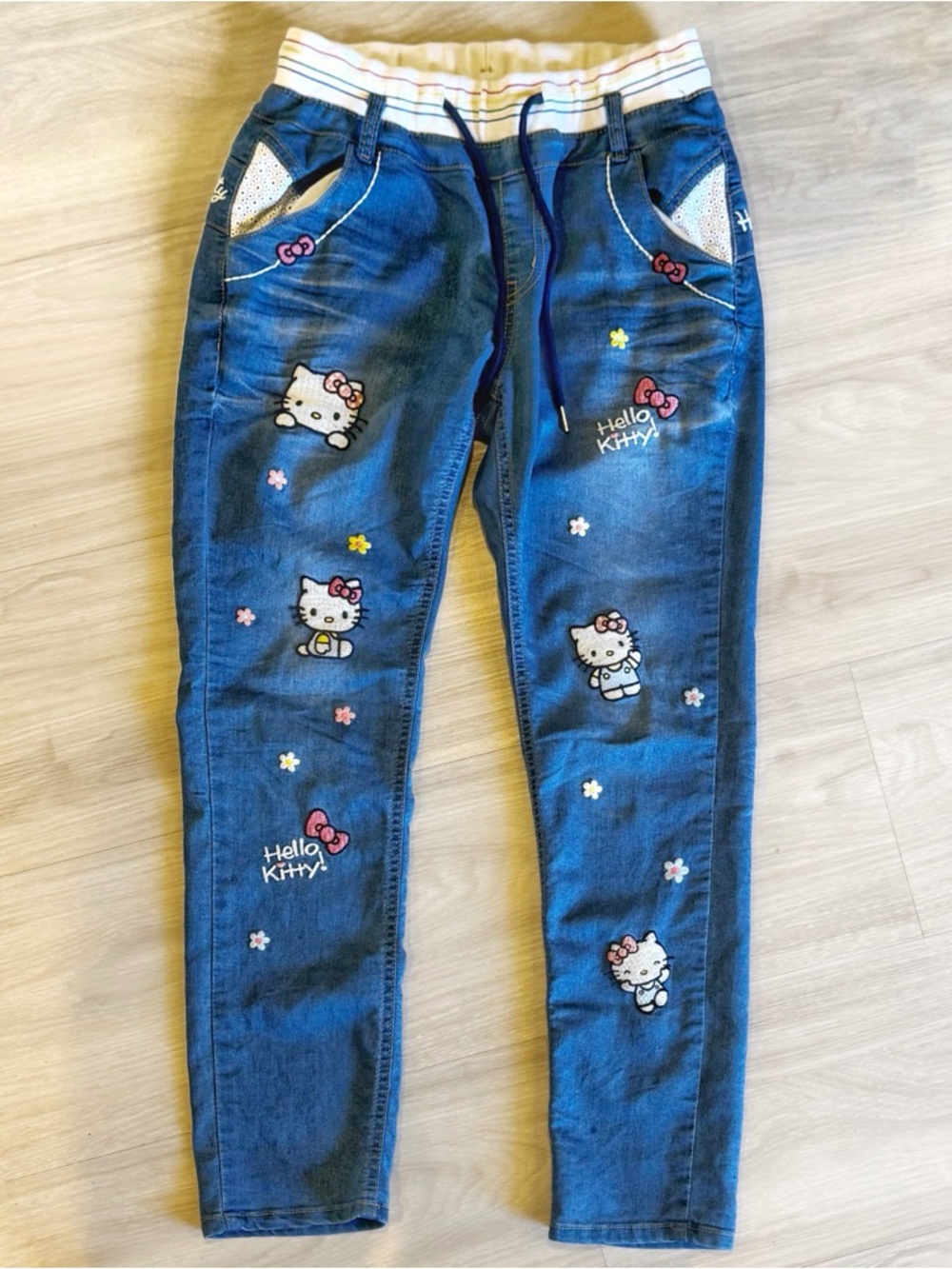 Hello Kitty embroidered skinny jeans drawstring pants kawaii juniors 7 medium